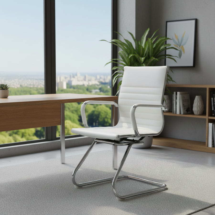 Silla cantilever blanca, respaldo medio y brazos cromados, sala de trabajo.