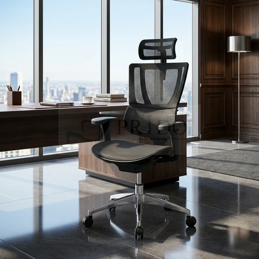 Silla de oficina ergonómica negra con respaldo de malla, cabecero y base cromada en oficina gerencial de lujo.