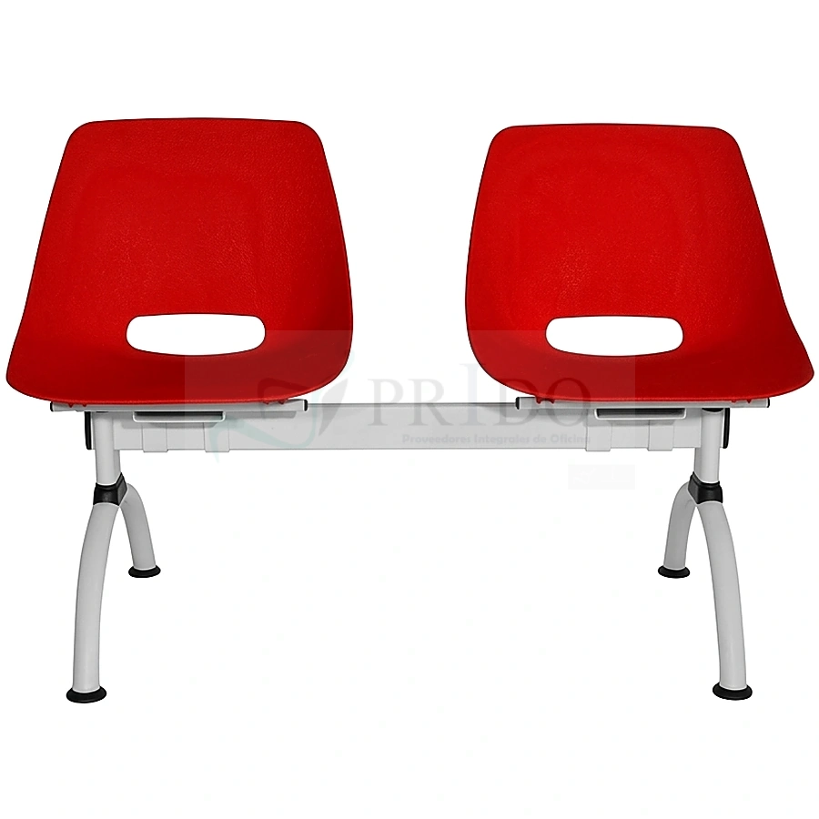 Banqueta de espera roja de 2 cuerpos con estructura metálica gris y asientos de polímero.