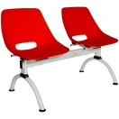 Banqueta de oficina roja de 2 cuerpos con diseño ergonómico y patas metálicas curvas en ángulo.