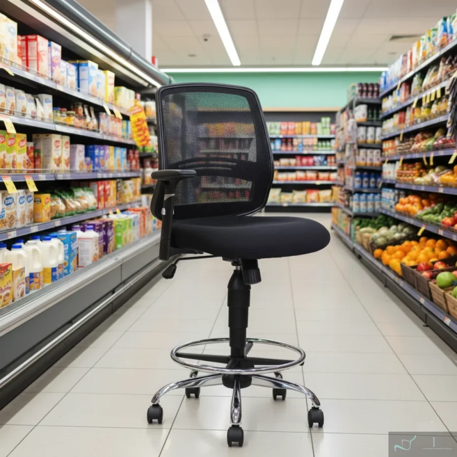 Silla Cajero CUBO negra con respaldo de malla y aro cromado.
