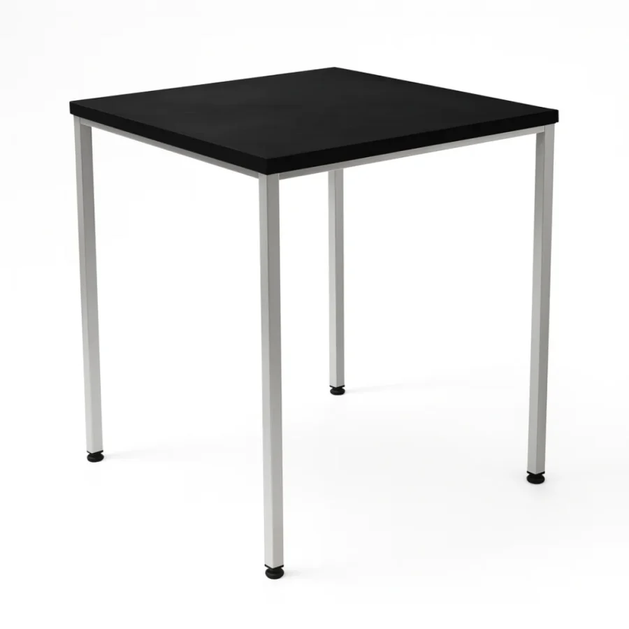 Mesa cuadrada negra, cubierta 70×70 cm y altura 72,5 cm, polipropileno y estructura metálica con pintura electrostática.
