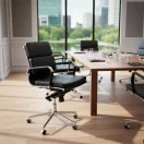 Silla de oficina prima baja estilo ejecutivo en cuero negro con base cromada y ruedas en sala de reuniones moderna.