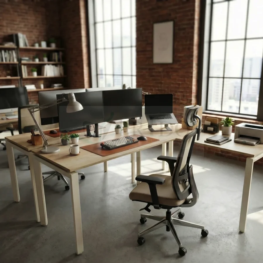 Estación de trabajo Hestia ambientada en oficina moderna estilo industrial con monitores y silla ergonómica.
