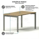 Infografía de estación de trabajo Base Diamante con medidas, materiales y características técnicas.