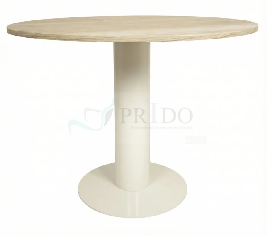 Mesa redonda pedestal Lua sobre fondo blanco, cubierta de melamina color madera clara y base pedestal metálica blanca, Prido.