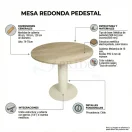 Infografía mesa redonda pedestal Lua Prido con medidas de cubierta 80–120 cm, altura 74–75 cm y estructura metálica blanca.