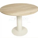 Vista superior de mesa redonda pedestal Lua, cubierta de melamina madera clara sobre base pedestal metálica blanca, Prido.