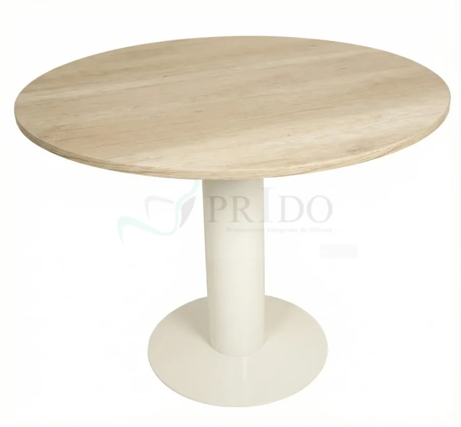 Vista superior de mesa redonda pedestal Lua, cubierta de melamina madera clara sobre base pedestal metálica blanca, Prido.