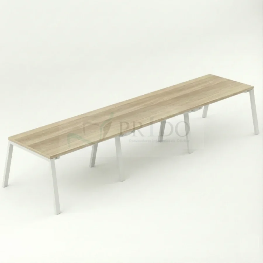 Mesa de reunión Enio en madera arena acadia con base metálica flexo blanca