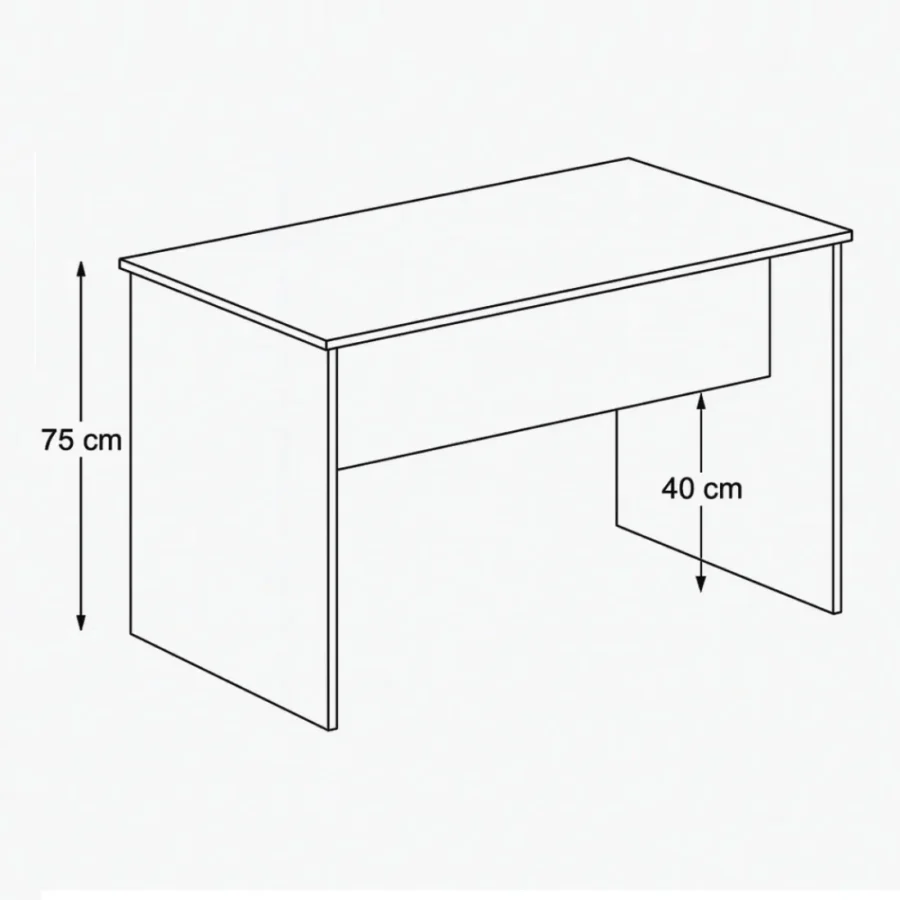 Diagrama medidas escritorio: alto 75 cm, faldón 40 cm.
