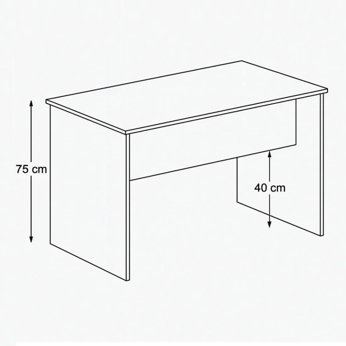 Diagrama medidas escritorio: alto 75 cm, faldón 40 cm.