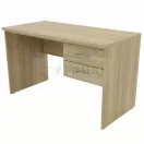 Escritorio de madera clara con cajonera derecha y cerradura sobre fondo blanco.