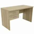 Escritorio de madera clara con cajonera derecha y cerradura sobre fondo blanco.