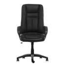 Sillón de cuero negro con respaldo alto y base de nylon con ruedas.