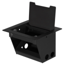 Caja metálica empotrable para escritorio con tapa abatible, color negro.
