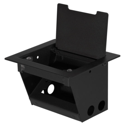 Caja metálica empotrable para escritorio con tapa abatible, color negro.