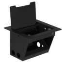 Caja metálica empotrable para escritorio con tapa abatible, color negro.