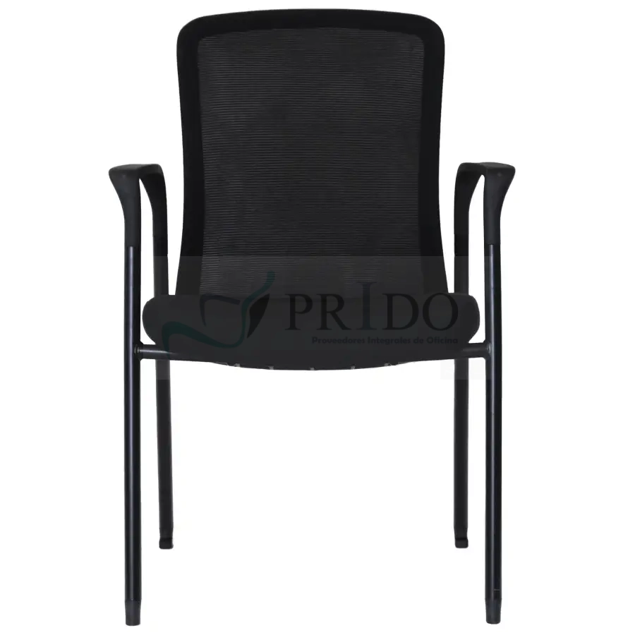 Silla de oficina fija con respaldo de malla negra y apoyabrazos vista frontal.