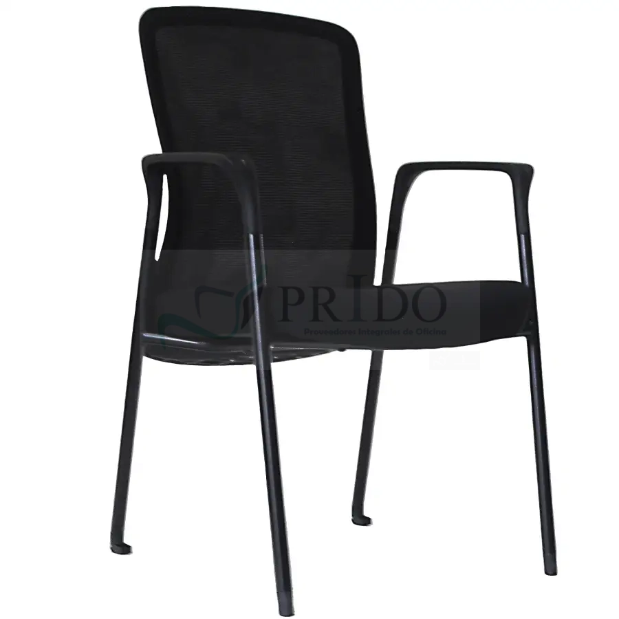 Silla de oficina negra con respaldo de malla y estructura metálica vista lateral.
