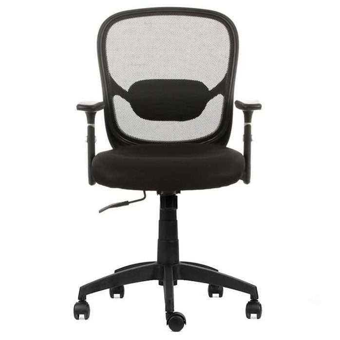 Silla operativa con respaldo de malla negra y asiento acolchado, vista frontal completa.