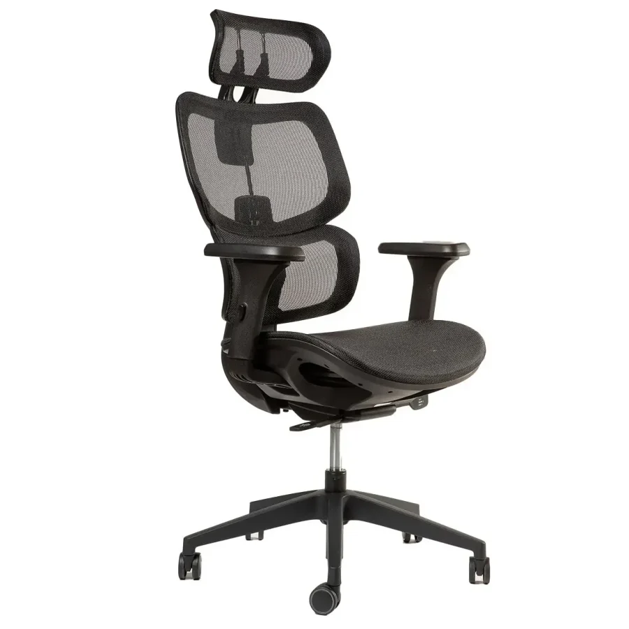 Silla ergonómica Ergoplus en color negro, con soporte lumbar y cabecero ajustable.