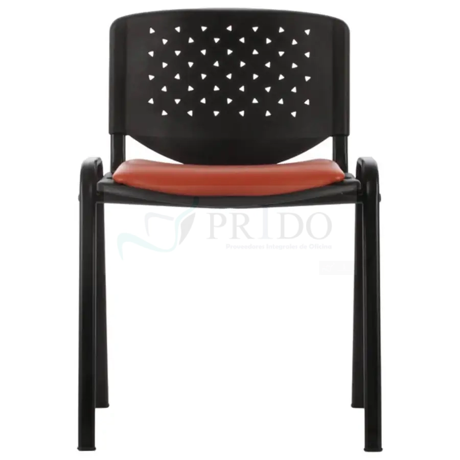 Silla de visita para sala de espera con respaldo de polipropileno perforado y asiento rojo frontal.