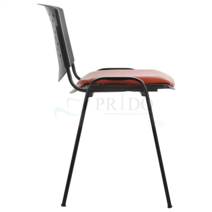Silla de oficina fija con estructura metálica negra y asiento acolchado rojo vista de perfil.