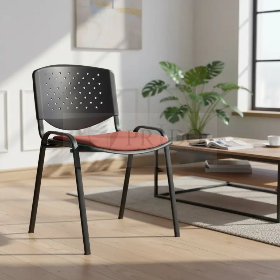 Silla de visita Prisma oficina fija con estructura metálica negra y asiento acolchado rojo vista de perfil.