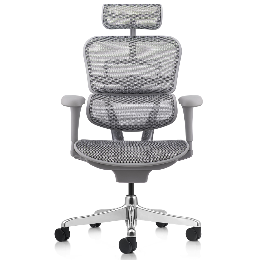 Vista posterior o lateral de Silla Gerencial Ergofit Gris Malla, sillones gerenciales con diseño para oficinas y espacios corporativos en Chile.