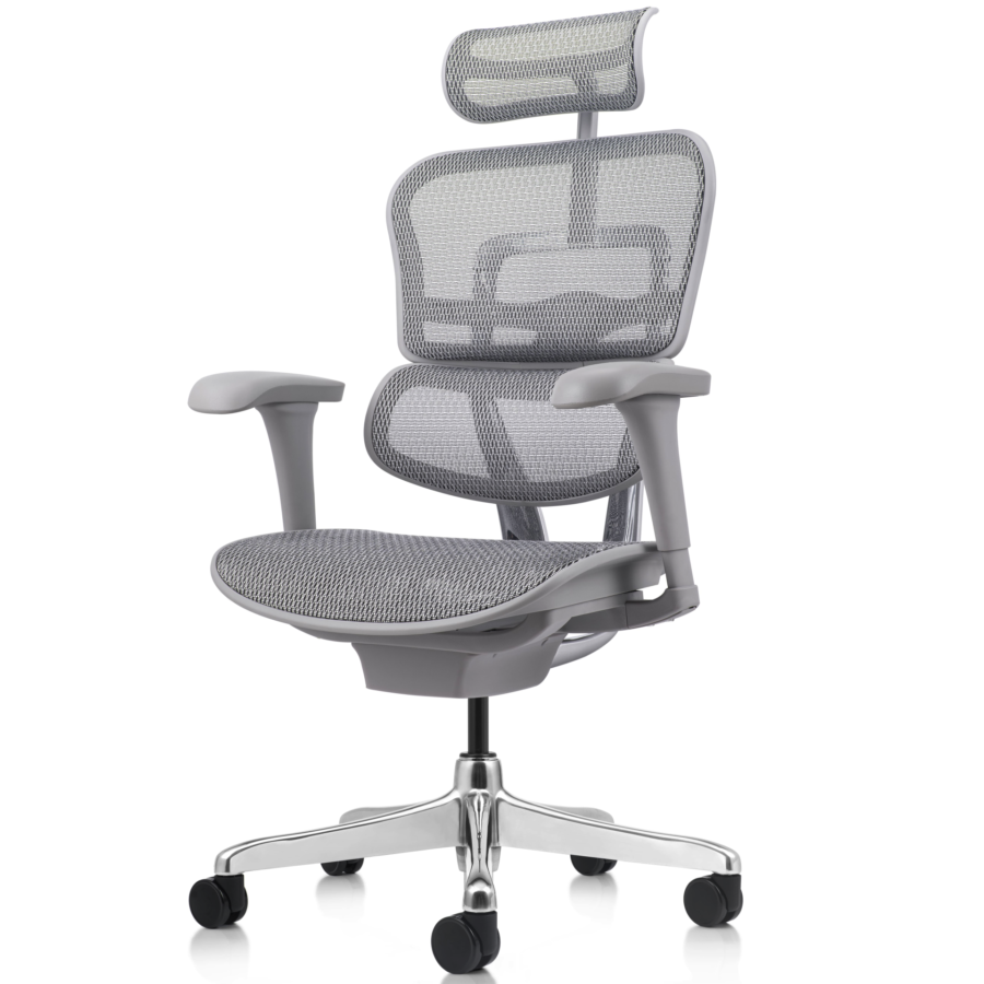 Vista posterior o lateral de Silla Gerencial Ergofit Gris Malla, sillones gerenciales con diseño para oficinas y espacios corporativos en Chile.
