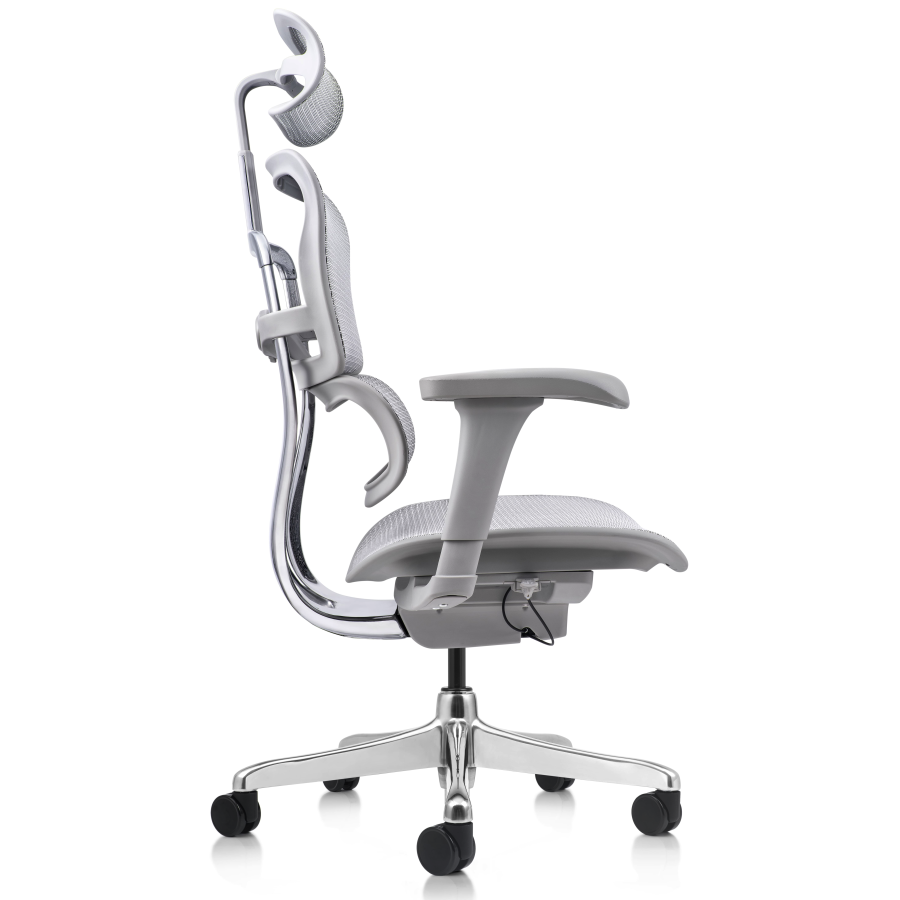 Vista posterior o lateral de Silla Gerencial Ergofit Gris Malla, sillones gerenciales con diseño para oficinas y espacios corporativos en Chile.