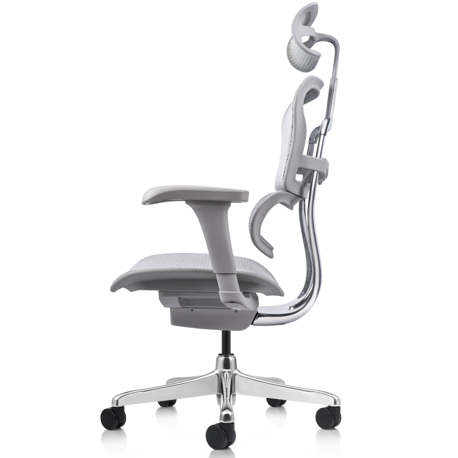 Vista posterior o lateral de Silla Gerencial Ergofit Gris Malla, sillones gerenciales con diseño para oficinas y espacios corporativos en Chile.