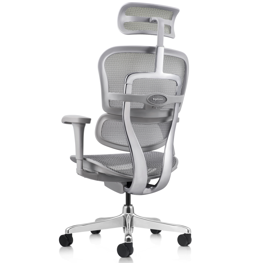 Vista posterior o lateral de Silla Gerencial Ergofit Gris Malla, sillones gerenciales con diseño para oficinas y espacios corporativos en Chile.