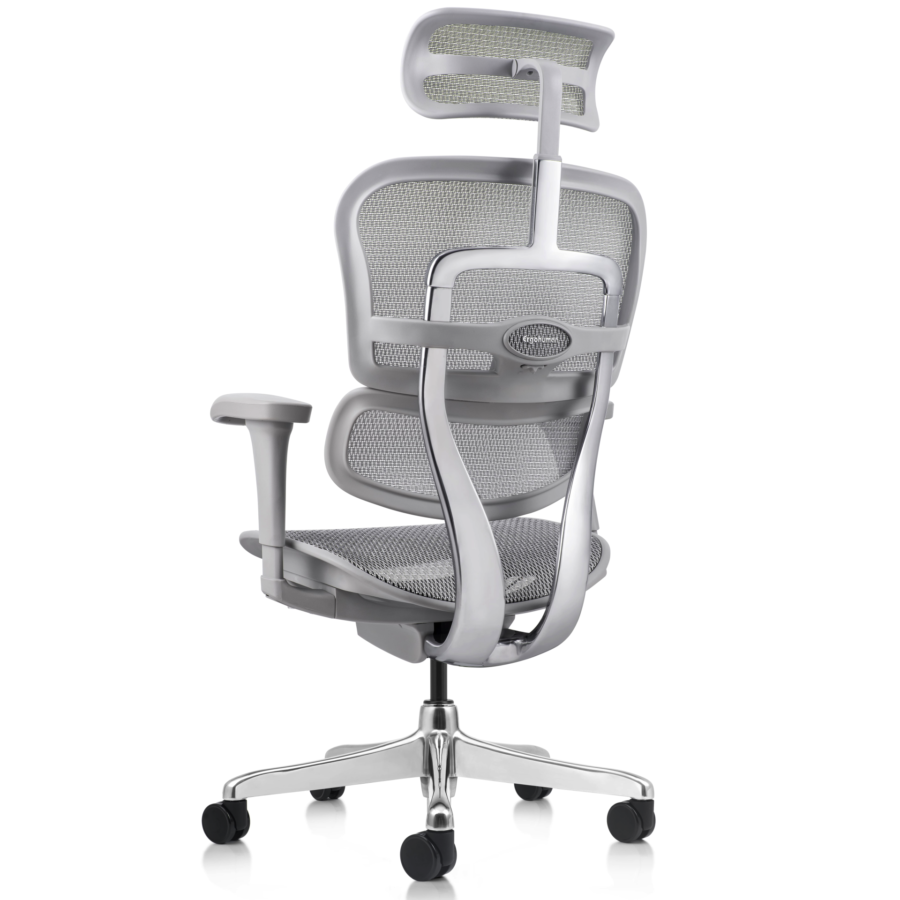 Vista posterior o lateral de Silla Gerencial Ergofit Gris Malla, sillones gerenciales con diseño para oficinas y espacios corporativos en Chile.