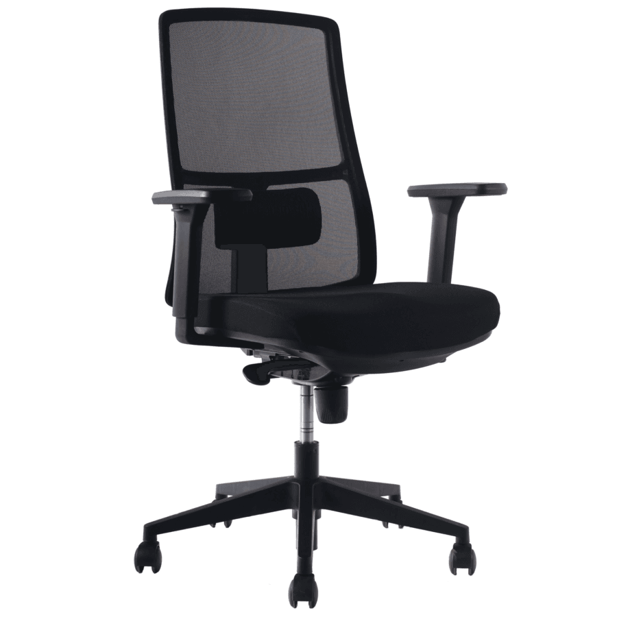 Silla ejecutiva de oficina tapizada en tela negra con respaldo ergonómico, apoyabrazos 3D y base estrella con ruedas.