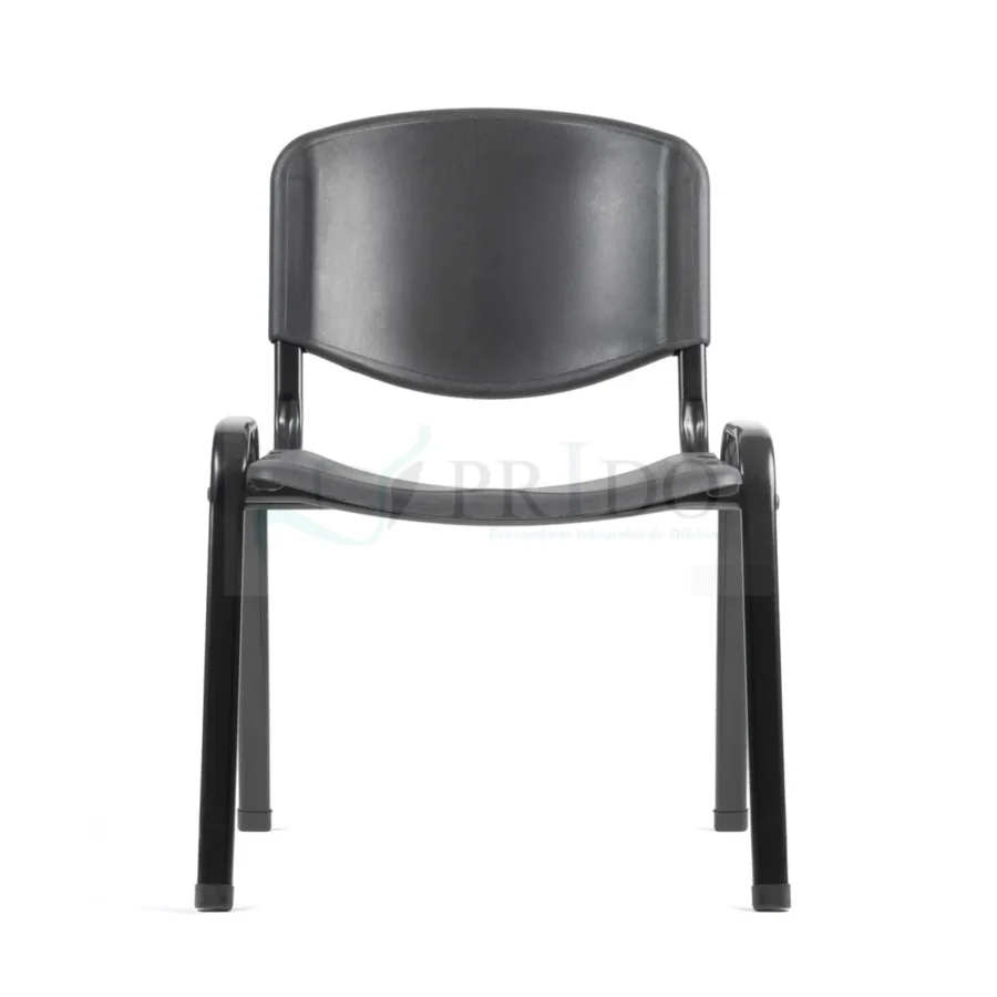 Silla de recepción negra con diseño minimalista, respaldo ergonómico y asiento amplio de superficie texturizada. Estructura metálica tubular con apoyabrazos y patas con terminaciones antideslizantes. Perfecta para equipamiento de oficina en Chile, combinando resistencia y estilo.