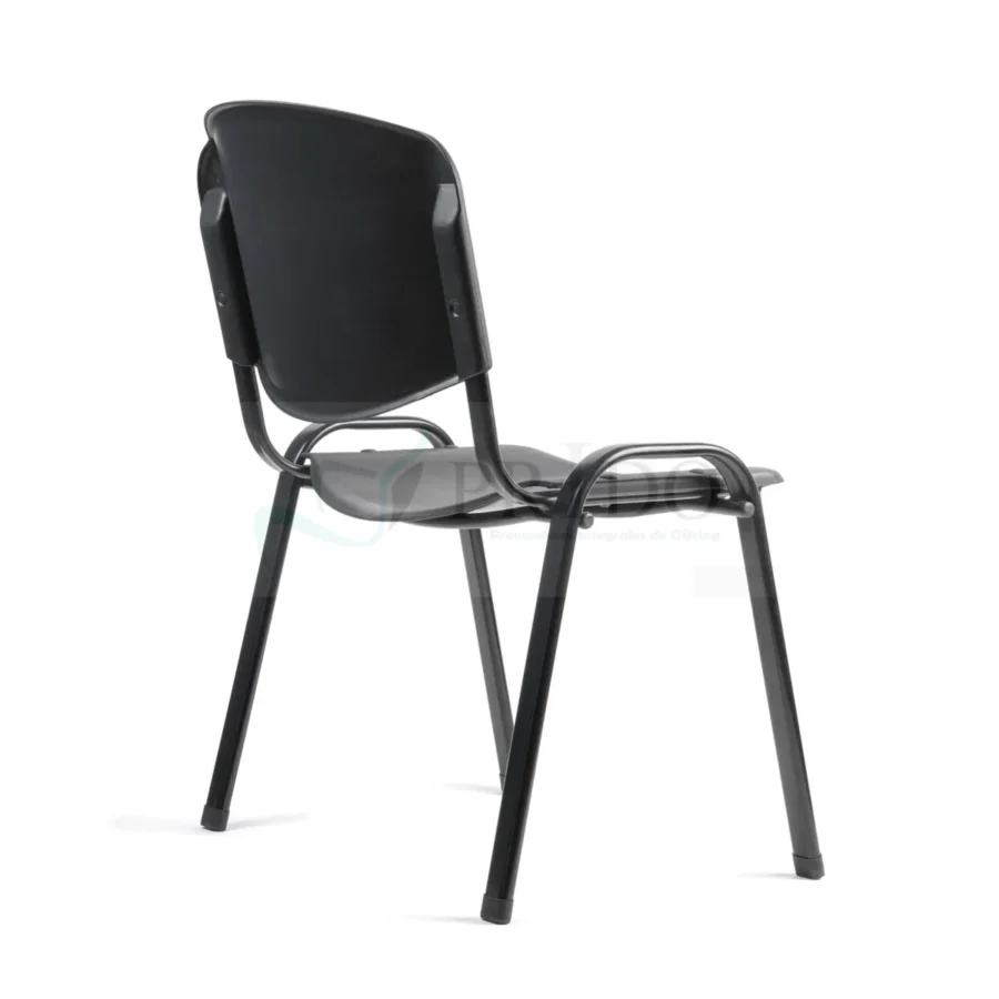 Silla de oficina para visitas en color negro con respaldo envolvente y asiento ligeramente curvado para mayor comodidad. Base metálica tubular con apoyabrazos continuos y diseño estable de cuatro patas. Estilo moderno y funcional para oficinas, clínicas o salas de reunión en Chile.