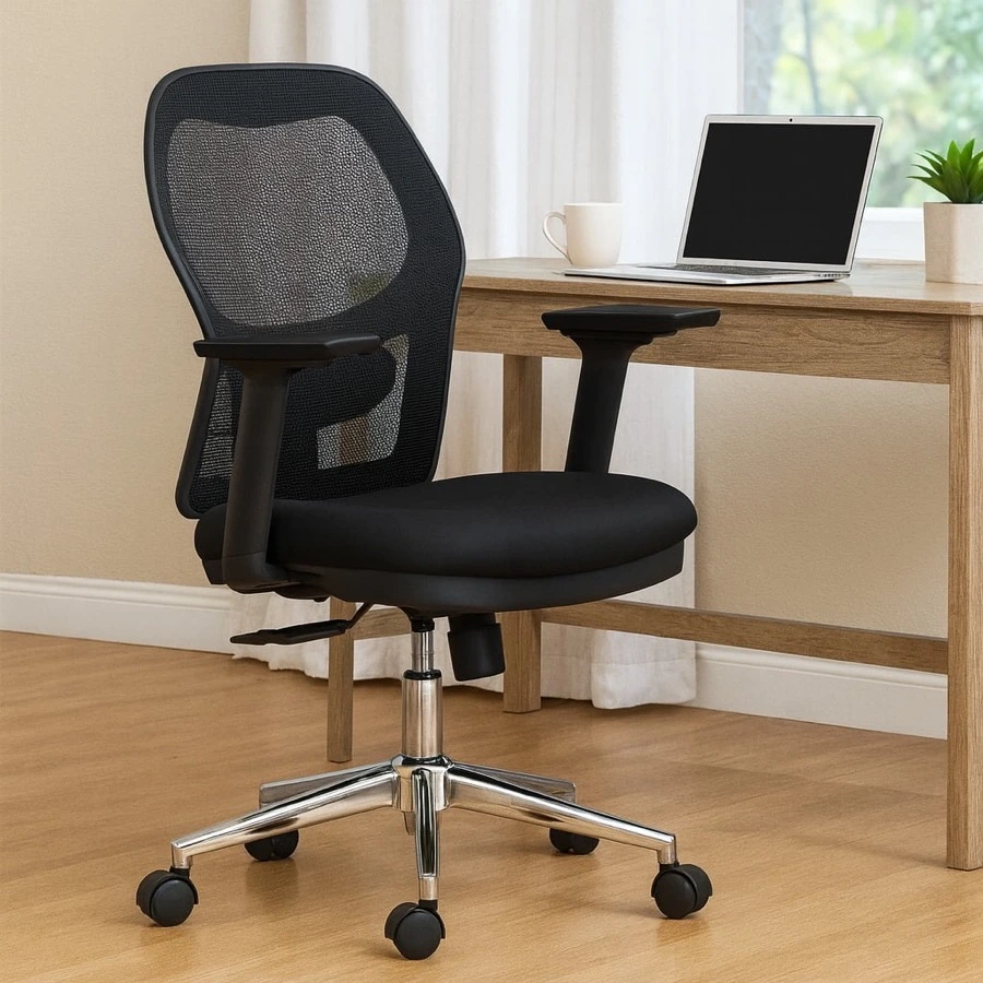 Silla ejecutiva Petra negra con respaldo de malla, brazos 3D regulables y base cromada, en oficina corporativa moderna con escritorio de madera y ciudad al fondo, Prido Chile