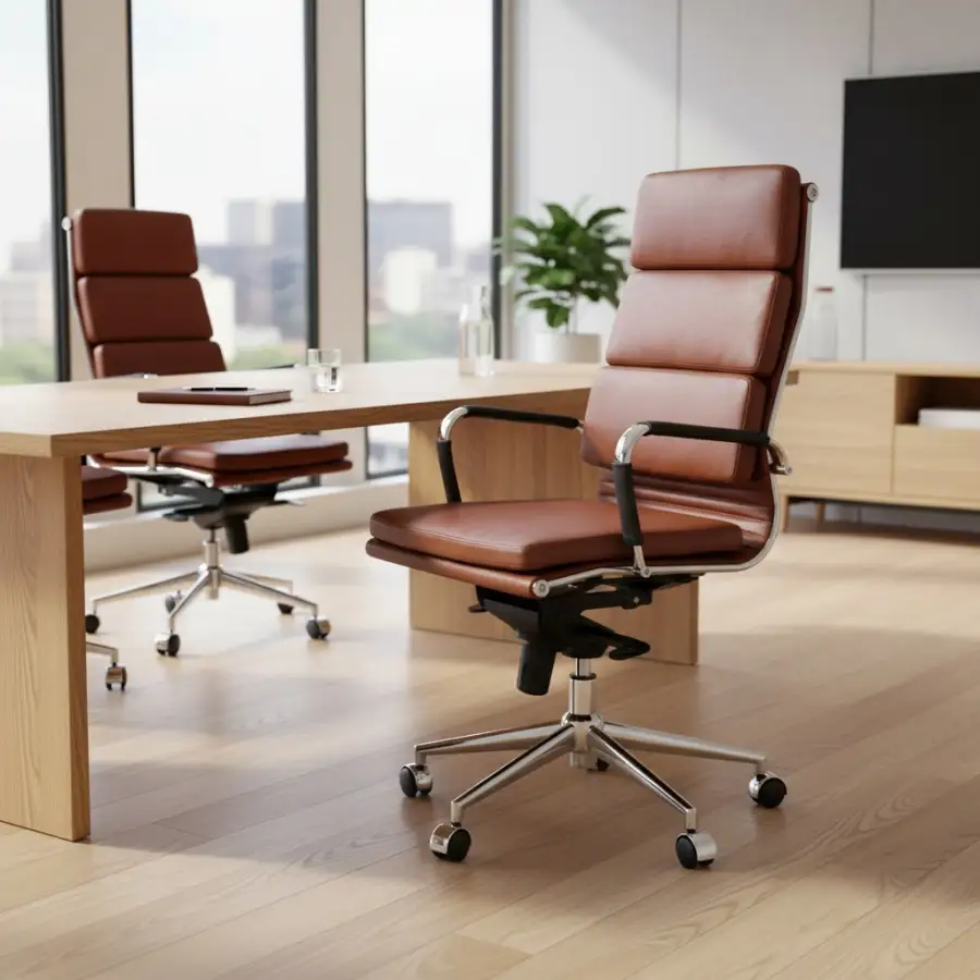 Silla de oficina color marrón estilo ejecutivo con acolchado segmentado y base cromada en sala de reuniones.