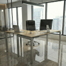 Estación de trabajo Elpis para oficina, escritorio con cubierta de madera y estructura metálica en ambiente corporativo moderno con vista panorámica.