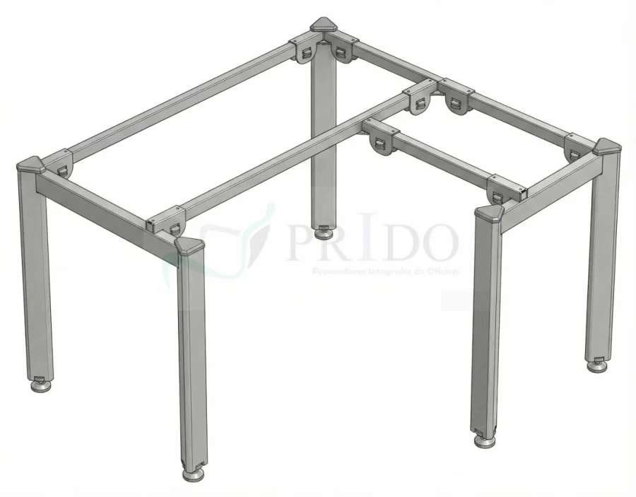 Detalle técnico de estructura metálica base para escritorio en L, mostrando sistema de uniones y soporte tubular.