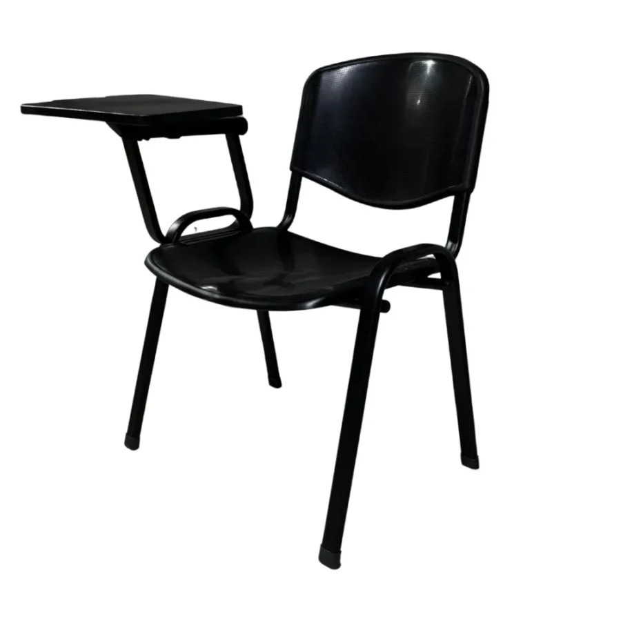 Detalle de paleta de escritura en silla universitaria, bisagra abatible y apoyo ergonómico