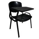 Silla universitaria negra con mesa de escritura para sala de clases.