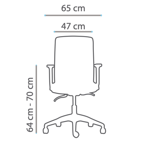Medidas silla bigboss vista frontal, de oficina: 65 cm ancho, 47 cm asiento, altura regulable 64–70 cm.