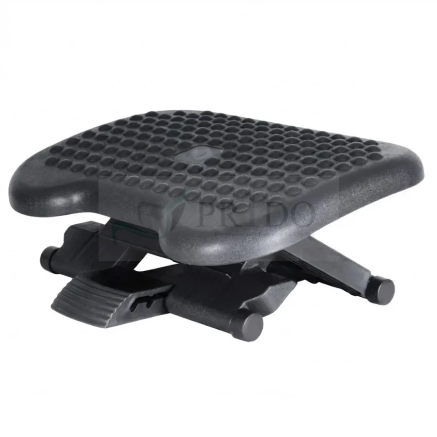 Apoya pies ergonómico ajustable en altura y ángulo, color negro, ideal para oficina.