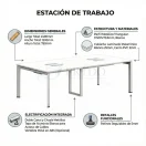 Infografía mesa de reunión hex con estructura metálica blanca y cubierta laminada, dimensiones 240x120x75 cm con electrificación integrada.