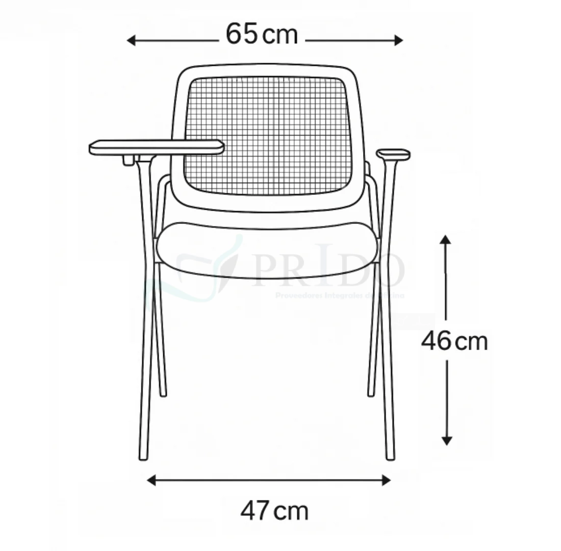Diagrama frontal silla universitaria Flex: ancho total 65 cm; ancho asiento 47 cm; altura asiento 46 cm.