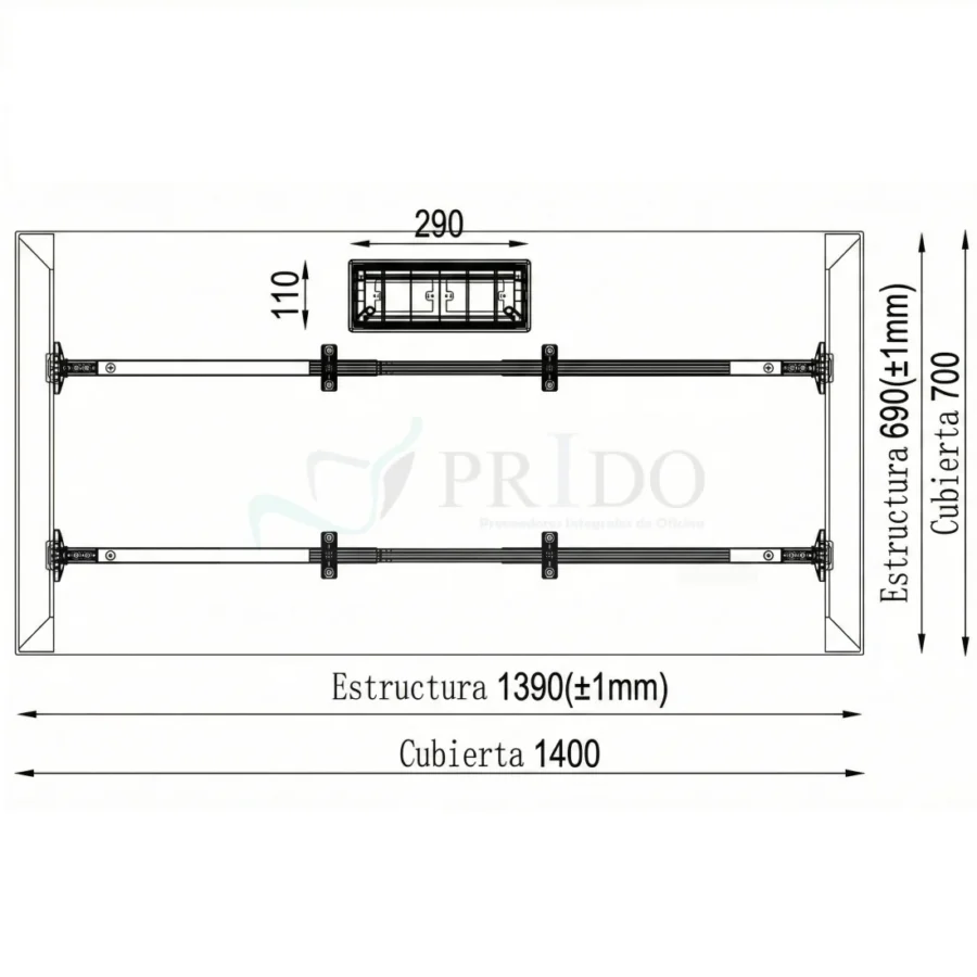 Vista inferior de estructura metálica de mesa de oficina, con medidas 139 cm de largo y 69 cm de ancho, mostrando barras de soporte y caja pasacables de 29 x 11 cm.