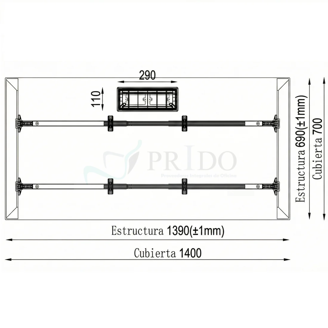 Vista inferior de estructura metálica de mesa de oficina, con medidas 139 cm de largo y 69 cm de ancho, mostrando barras de soporte y caja pasacables de 29 x 11 cm.